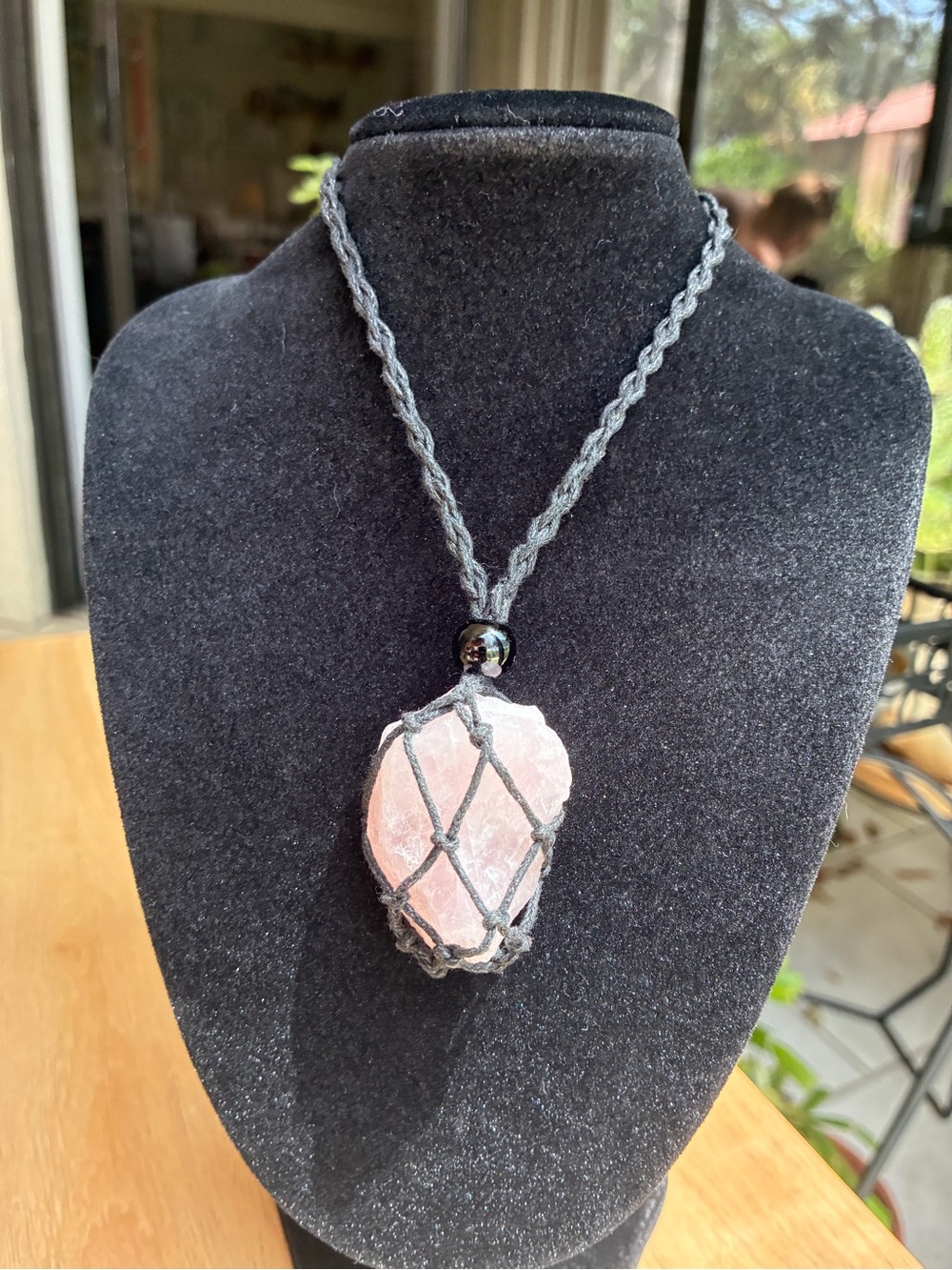 Raw Rose Quartz Macrame Crystal Necklace | Handcrafted Healing Stone Pendant - Picture 10 of 10